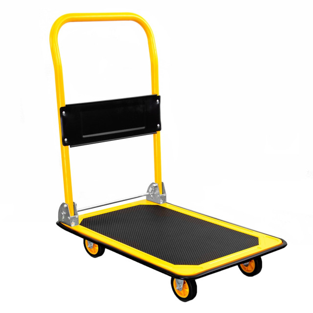 The Mount-it MI-920 combines both a heavy-duty build and a folding design, making it easier for portability and storage. The heavy-duty construction allows it to carry up to 330lbs and features two caster wheels with 360 deg. swivel for easier mobility in a variety of spaces. The well-built rubber wheels make for a smooth roll. Carry more at once with this heavy-duty hand cart platform and save your back from over-exertion.  Push carts flatbed is 29 inches long, 18.5 inches wide, and with the folding handle up is 32 inches high. Folded down, entire cart stands at 8.75 inches high  Platform has a 330 pound weight capacity.  Comes with heavy duty steel caster wheels that lock and swivel a full 360 degrees for easy moving.  Platform has a diamond shaped grid, anti-skid textured surface to help hold items in place while in transit, and the edges of the platform come with rubber bumper guards to keep it from scratching other surfaces.  The Mount-it MI-920 combines both a heavy-duty build and a folding design, making it easier for portability and storage