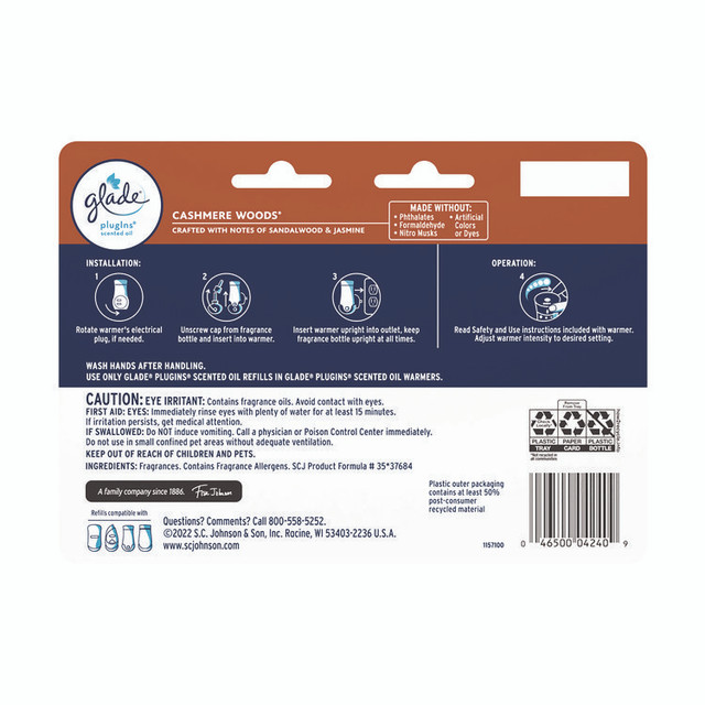 SC JOHNSON Glade® 350769 Plugins Scented Oil Refill, Cashmere Woods, 0.67 oz, 7/Pack