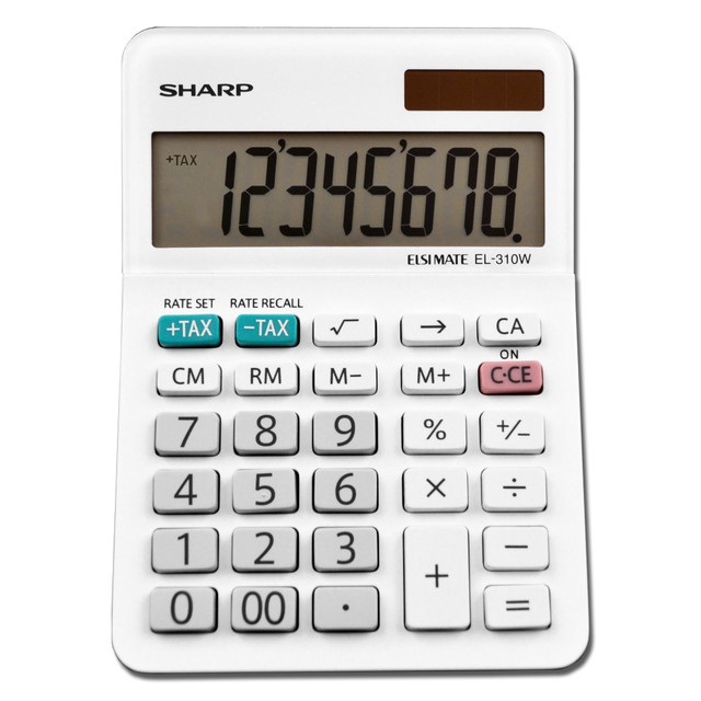 Quickly complete math queries with this calculator  Large buttons make pressing the right number more intuitive. Extra-large plus key makes calculations fast.  Automatic tax keys, a percent key, a square root key, a clear memory key and a backspace key enable flexible use.  Features solar power with battery backup to ensure the calculator is ready when needed.  Backed by the manufacturers 1-year limited warranty.  Large, 1-line LCD display features an angled design for easy reading. 8 characters per line for extended calculations.
