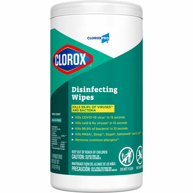 THE CLOROX COMPANY 15949PL CloroxPro Disinfecting Wipes - Ready-To-Use - Fresh Scent - Easy Tear, Pre-moistened, Bleach-free, Phosphorous-free, Easy to Use, Antibacterial - Green - 75 Tub - 480 / Pallet THE CLOROX COMPANY 15949PL CloroxPro Disinfecting Wipes - Ready-To-Use - Fresh Scent - Easy Tear, Pre-moistened, Bleach-free, Phosphorous-free, Easy to Use, Antibacterial - Green - 75 Tub - 480 / Pallet
