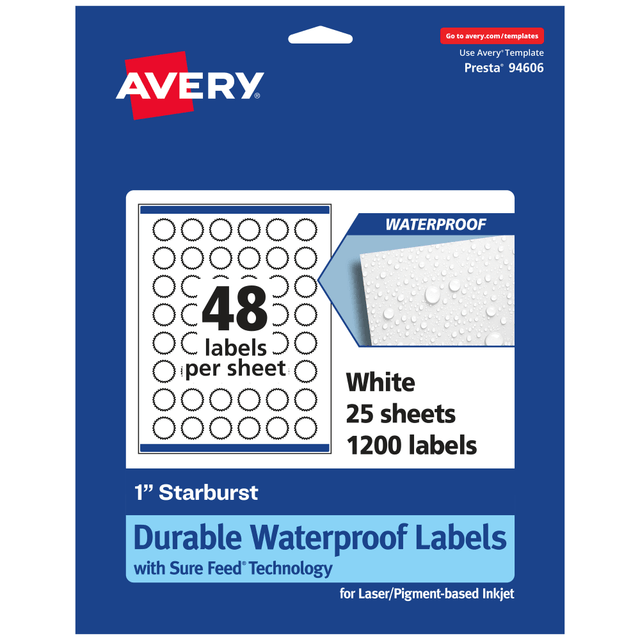 AVERY PRODUCTS CORPORATION 94606-WMF25 Avery Waterproof Permanent Labels With Sure Feed, 94606-WMF25, Starburst, 1in, White, Pack Of 1,200 AVERY PRODUCTS CORPORATION 94606-WMF25 Avery Waterproof Permanent Labels With Sure Feed, 94606-WMF25, Starburst, 1in, White, Pack Of 1,200