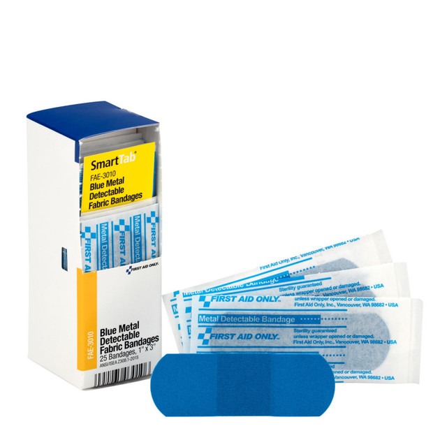 FIRST AID ONLY, INC. FAE3010 First Aid Only Metal-Detectable Bandages, 1in x 3in, Blue, Pack Of 25 FIRST AID ONLY, INC. FAE3010 First Aid Only Metal-Detectable Bandages, 1in x 3in, Blue, Pack Of 25