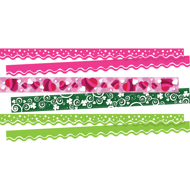Hang these Barker Creek Double-Sided Border Strips around your classroom to create a bright and vibrant learning environment. The strips feature scalloped and straight edges with designs on both sides for flexibility.  Comes with 26 scalloped-edge 2-1/4in x 36in strips and 12 straight-edge 3in x 35in strips.  Ideal for decorating bulletin boards, frame doorways, defining learning centers and more.  Crafted from card stock for lasting beauty.  Double-sided borders allow for versatile decorating options.