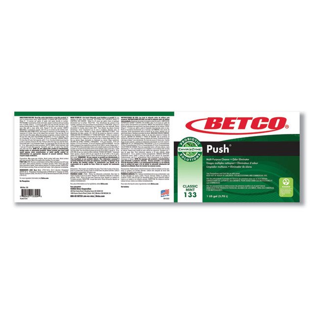 BETCO CORPORATION 1330400 Green Earth Push Enzyme Multipurpose Cleaner, Mint Scent, 1 gal Bottle, 4/Carton