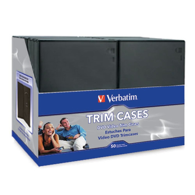 When it comes to storing and transporting DVDs and CDs, the choice is clear - Verbatim's DVD Video Trim cases are the answer. Verbatim's storage cases prevent your CDs and DVDs from being scratched or broken during transport.   Verbatim's DVD Video Trim cases come in standard black and consume half the space of a standard Video Tall Box. These DVD Video Trim cases are ideal for storing your favorite family movies and more.  Protect your DVD and CD collection against scratches and breakage.  Store twice the media in your video library.  Superior Protection for your DVD and Video game discs.  Each trimcase accommodates 1 DVD disc.  Plastic sleeves allow you to add your own custom inserts.  Ideal for storing your favorite family movies and more.
