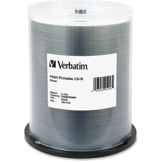 VERBATIM AMERICAS LLC Verbatim 95256  Inkjet-Printable CD-R Disc Spindle, Silver, Pack Of 100