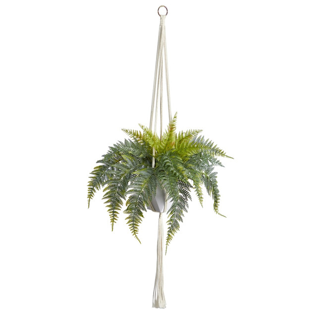 NEARLY NATURAL INC. P1805 Nearly Natural Hanging Fern 25inH Artificial Plant With Decorative Basket, 25inH x 16inW x 12inD, Green/White NEARLY NATURAL INC. P1805 Nearly Natural Hanging Fern 25inH Artificial Plant With Decorative Basket, 25inH x 16inW x 12inD, Green/White
