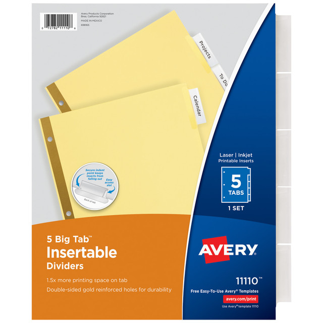 AVERY PRODUCTS CORPORATION Avery 11113  Big Tab Insertable Dividers, Gold Reinforced, Buff/Clear, 8 1/2in x 11in, 5-Tab, Pack Of 24