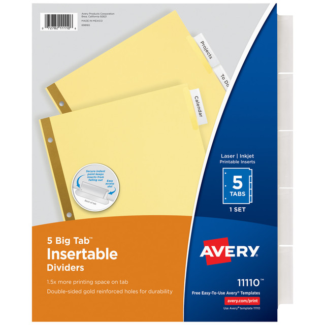 AVERY PRODUCTS CORPORATION 11113 Avery Big Tab Insertable Dividers, Gold Reinforced, Buff/Clear, 8 1/2in x 11in, 5-Tab, Pack Of 24