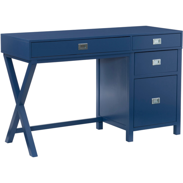 LINON HOME DECOR PRODUCTS, INC OFDP2288 Linon Ari 48inW Home Office Writing Desk With Side Storage, Navy/Silver LINON HOME DECOR PRODUCTS, INC OFDP2288 Linon Ari 48inW Home Office Writing Desk With Side Storage, Navy/Silver