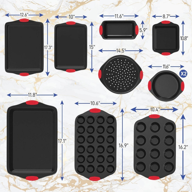 SOUND AROUND INC. NCSBS10S NutriChef 10-Piece Non-Stick Kitchen Oven Baking Pans - 10 Pieces - Baking, Cooking - Dishwasher Safe - Oven Safe - Red, Black - Carbon Steel Body - Silicone Handle - 1 Set SOUND AROUND INC. NCSBS10S NutriChef 10-Piece Non-Stick Kitchen Oven Baking Pans - 10 Pieces - Baking, Cooking - Dishwasher Safe - Oven Safe - Red, Black - Carbon Steel Body - Silicone Handle - 1 Set