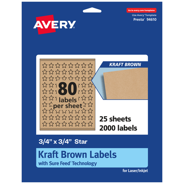 AVERY PRODUCTS CORPORATION 94610-KMP25 Avery Kraft Permanent Labels With Sure Feed, 94610-KMP25, Star, 3/4in x 3/4in, Brown, Pack Of 2,000
