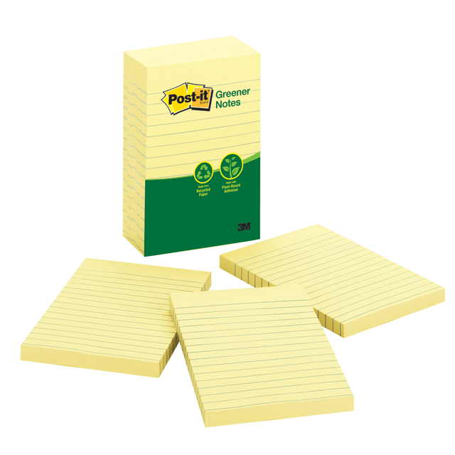 3M CO Post-it 660-5RP  Greener Notes, 4 in x 6 in, 5 Pads, 100 Sheets/Pad, Clean Removal, Canary Yellow, Lined