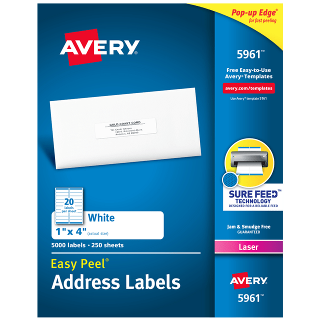 AVERY PRODUCTS CORPORATION Avery 5961  Easy Peel Address Labels With Sure Feed Technology, 5961, Rectangle, 1in x 4in, White, Pack Of 5,000