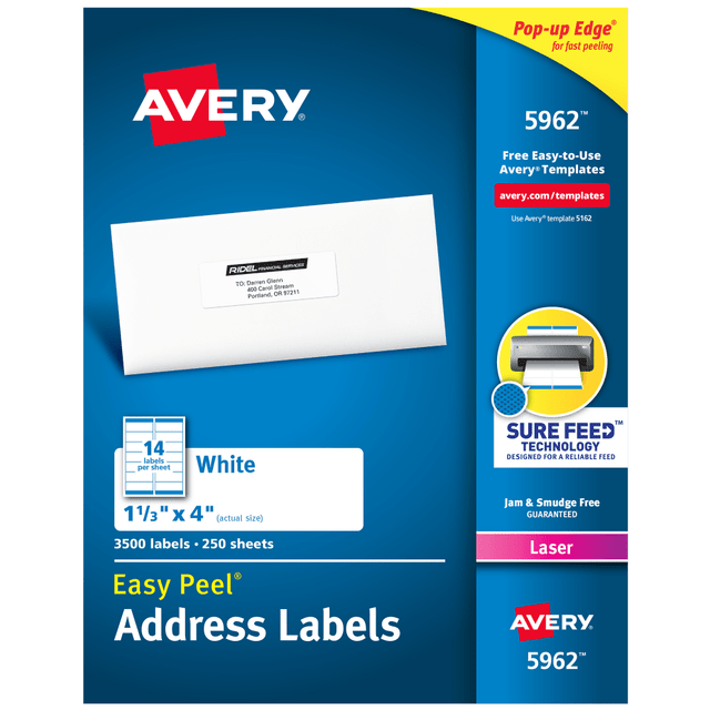 AVERY PRODUCTS CORPORATION 5962 Avery Easy Peel Address Labels With Sure Feed Technology, 5962, Rectangle, 1-1/3in x 4in, Matte White, Box Of 3,500 AVERY PRODUCTS CORPORATION 5962 Avery Easy Peel Address Labels With Sure Feed Technology, 5962, Rectangle, 1-1/3in x 4in, Matte White, Box Of 3,500