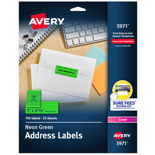 AVERY PRODUCTS CORPORATION 5971 Avery High-Visibility Permanent Laser ID Labels, 5971, 1in x 2 5/8in, Neon Green, Pack Of 750 AVERY PRODUCTS CORPORATION 5971 Avery High-Visibility Permanent Laser ID Labels, 5971, 1in x 2 5/8in, Neon Green, Pack Of 750