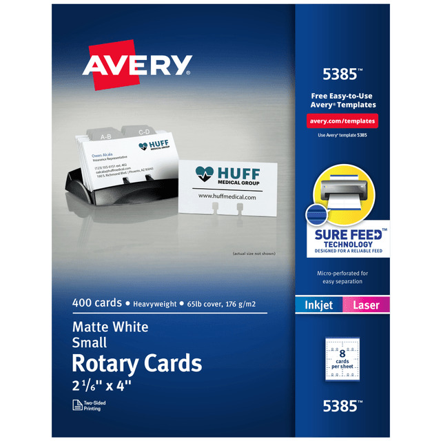 AVERY PRODUCTS CORPORATION 5385 Avery Printable Rotary Cards With Sure Feed Technology, 2-1/6in x 4in, White, Pack Of 400 Blank Cards