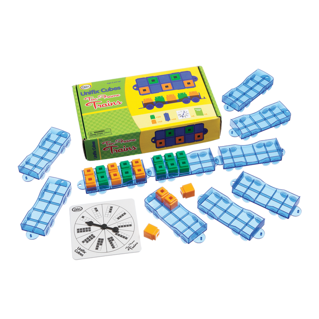 Helps students develop a concrete understanding of the concept of tens! These connecting train cars are perfect for both individual or small-group use.  By filling the spaces and connecting the cars, children can see and touch the numbers they are counting.  Each of the train cars hold up to 10 Unifix Cubes or other suitable counters (products sold separately).  Includes 10 cars, a spinner, and teachers guide with games, teaching ideas and assessment instructions.