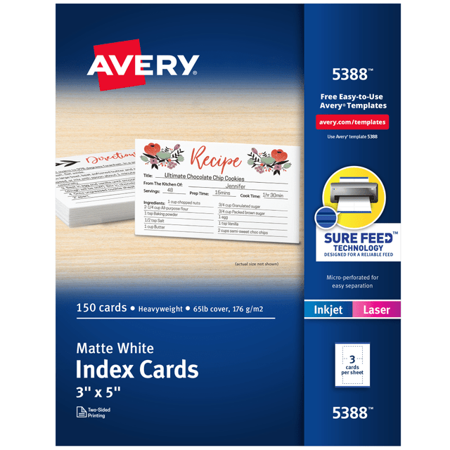 Design and print your own sales & marketing collateral, flash cards, recipes, coupons, RSVP cards, decorative postcards and more with this pack of Avery customizable index cards. These blank index cards are unlined, ready for whatever destiny you have planned for them. They are ideal for the classroom, homework, studying, filing and contact information cards. Cut from quality cardstock with a weight of 65 lbs / 176 gsm, these premium small index cards immediately feel different from everyday card sheets.  Easily customize your own note cards, rsvp cards, flash cards, note cards for kids and more.  Each sheet of printable cardstock features proprietary Sure Feed technology that delivers a more reliable feed through your printer to reduce misalignments and jams.  Enjoy a clean, professional finish from the ultra-fine precise cuts designed to leave behind a smooth border around each index card.  Print beautiful, double-sided designs on premium printable cardstock paper with a weight of 65 lbs / 176 gsm.  Quickly and easily personalize your index cards using Avery Design & Print Online, our easy-to-use software that offers hundreds of templates and designs.  Full sheets are optimized for laser and inkjet printers to result in crisp text, vivid images and smudge-free printing.  Perfect for creating your own custom for recipe cards, save the date cards, music note cards and more.  Item includes 50 printable sheets with a total of 150 3in x 5in index cards.  Forest Stewardship Council (FSC) certified - made from wood/paper that comes from forests managed to rigorous environmental and social standards, supported by the worlds leading conservation organizations.  Leadership forestry - from forests or sourcing programs that meet specific environmental standards, helping you support practices that better protect forests and the environment.  Contains Recycled Content - See Specs for Details.