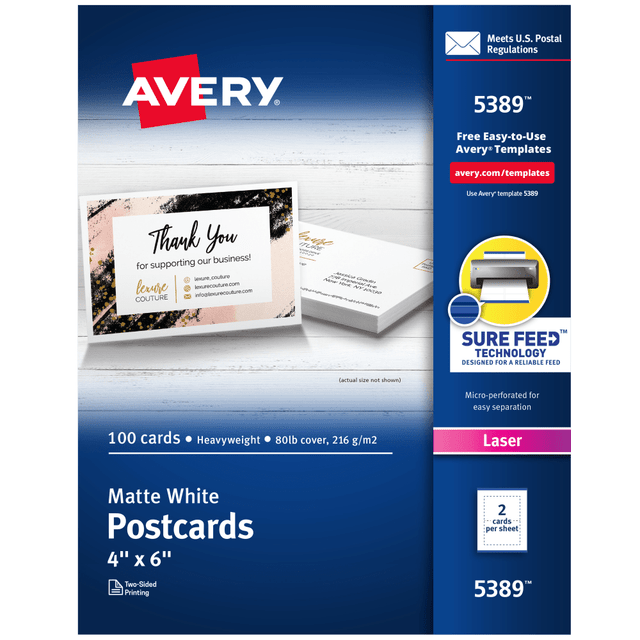 AVERY PRODUCTS CORPORATION 5389 Avery Printable Postcards With Sure Feed Technology, 4in x 6in, White, 100 Blank Postcards