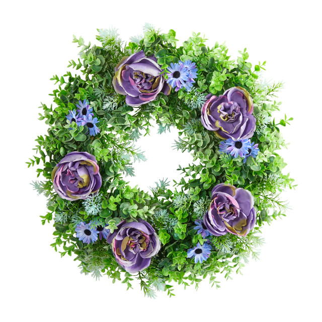 NEARLY NATURAL INC. W1167 Nearly Natural Rose, Daisy and Greens 22inH Artificial Wreath, 22inH x 22inW x 5inD, Purple NEARLY NATURAL INC. W1167 Nearly Natural Rose, Daisy and Greens 22inH Artificial Wreath, 22inH x 22inW x 5inD, Purple