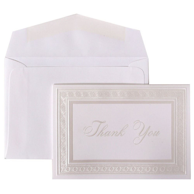 JAM PAPER AND ENVELOPE BW80912 JAM Paper Thank You Card Set, 4 7/8in x 3 3/8in, 65 Lb, Bright White/Pearl Border, Set Of 104 Cards And 100 Envelopes