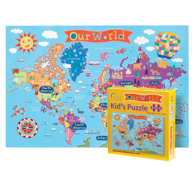 Make sure your children see all the wide world has to offer with the Round World Products Kids World 100-Piece Jigsaw Puzzle. This puzzle features fun artwork depicting our world and its countries.  100 sturdy pieces create a beautifully detailed map.  Sturdy box for storage.