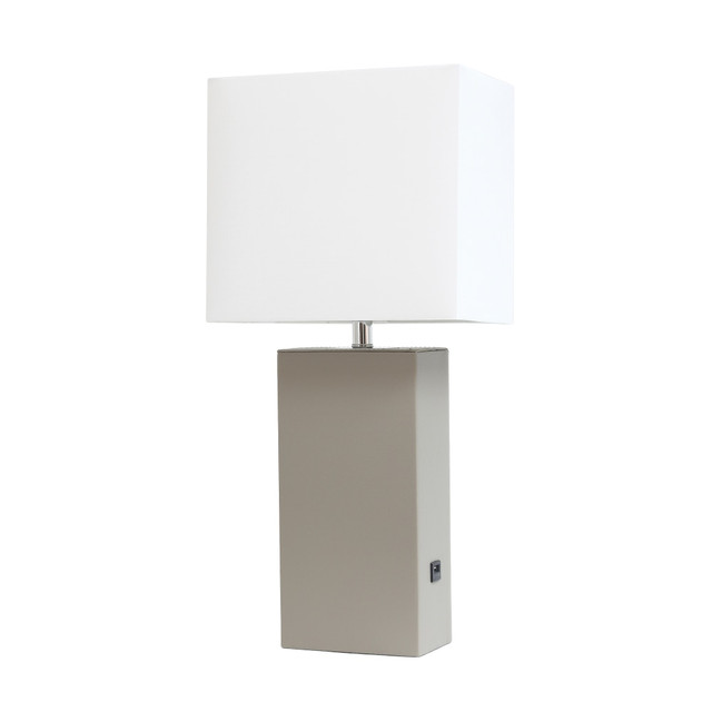 ALL THE RAGES INC Elegant Designs LT1053-GRY  Modern Leather Table Lamp With USB Port, 21inH, White Shade/Gray Base