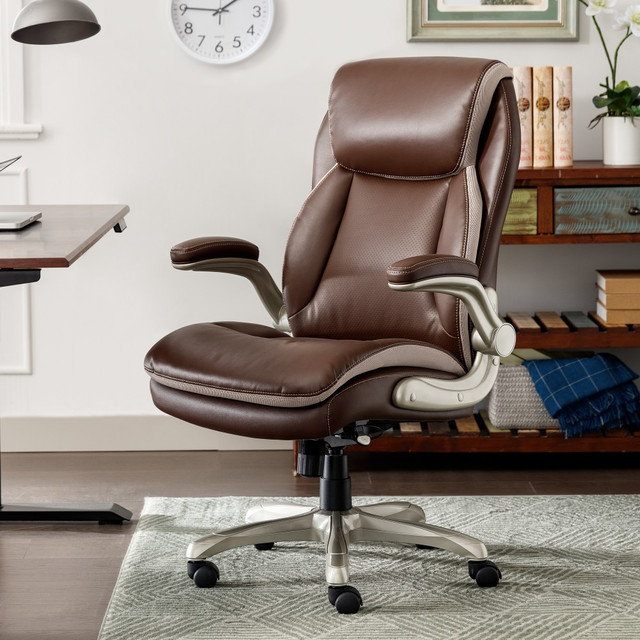 OFFICE DEPOT Serta 52153-BRN  Smart Layers Brinkley Ergonomic Bonded Leather High-Back Executive Chair, Brown/Silver