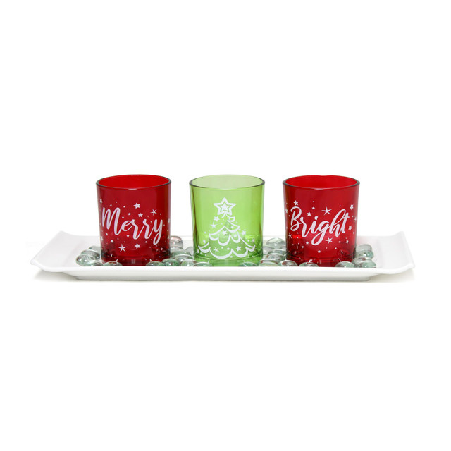 ALL THE RAGES INC HG5000-GAR Elegant Designs Merry & Bright Christmas Candle Holder Set, 3-1/2in x 5in x 14in, Green/Red, Set Of 3 Holders