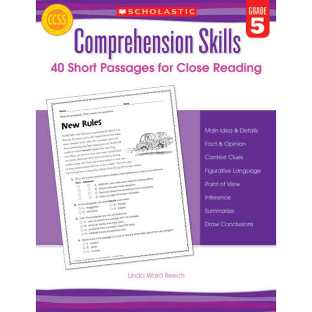 SCHOLASTIC INC Scholastic 9780545460569  Comprehension Skills: 40 Short Passages For Close Reading, Grade 5