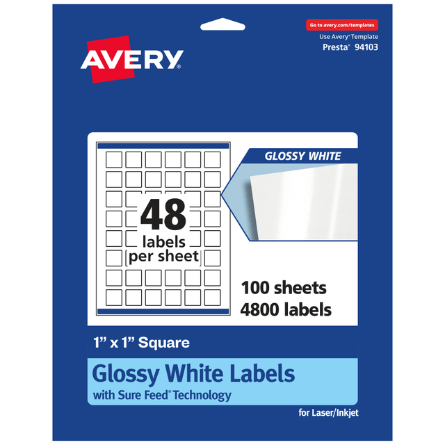 AVERY PRODUCTS CORPORATION 94103-WGP100 Avery Glossy Permanent Labels With Sure Feed, 94103-WGP100, Square, 1in x 1in, White, Pack Of 4,800 AVERY PRODUCTS CORPORATION 94103-WGP100 Avery Glossy Permanent Labels With Sure Feed, 94103-WGP100, Square, 1in x 1in, White, Pack Of 4,800