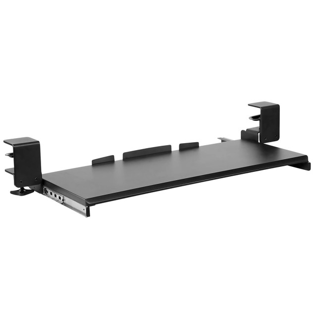 When you need to type something up, simply slide out this keyboard desk tray. The tray is designed to clamp onto your desk, so you donT need to screw anything in, and its extra large platform can even handle a mouse.  Designed to house a keyboard and more on its extra-large platform.  Made of heavy-duty steel to handle everyday use.  Slides in when you donT need it.  Clamps on to attach without screws.