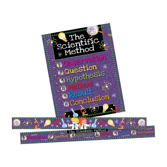 Provide a visual tool to support science education in your classroom with this chart set. Featuring visuals for the scientific method and various lab tools, this set can help you prepare activities to try with the class.  Set includes 1 chart and coordinating border pieces.  Chart set supports almost virtually any science curriculum with visuals depicting the scientific method and lab tools. Features lab activities on the back of the chart to try in the classroom.  Made of card stock.  Chart measures 17in x 22in and comes with 35ft of border.
