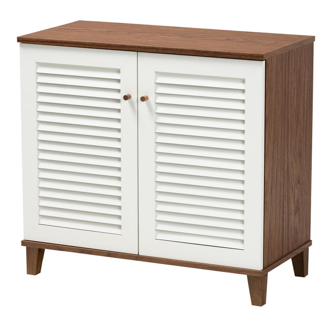 WHOLESALE INTERIORS, INC. 2721-10392 Baxton Studio Coolidge 4-Shelf Shoe Storage Cabinet, White/Walnut WHOLESALE INTERIORS, INC. 2721-10392 Baxton Studio Coolidge 4-Shelf Shoe Storage Cabinet, White/Walnut