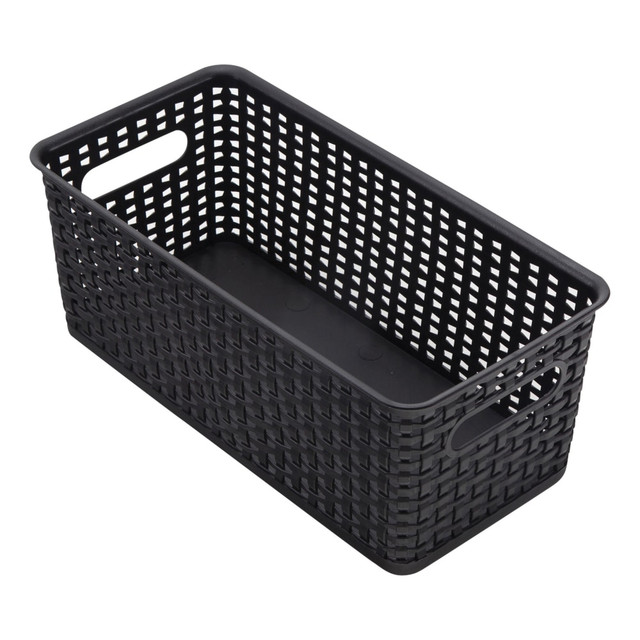Organize large amounts of clutter in a matter of minutes with this weave bookshelf bin.  Sturdy plastic construction for durability.  Open top for easy access. Ideal for shelf, bookcase or closet storage.  Woven texture for a stylish look.