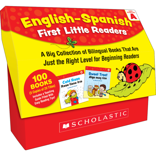 Keep growing readers eager to learn more using Scholastic Teacher Resources English-Spanish First Little Readers: Guided Reading Level A. Each book includes kid-friendly stories with fun topics for maximum language immersion.  Includes 100 books, 5 copies of 20 titles.  Great for English language learners or students learning Spanish.  Stories include kid-friendly topics.