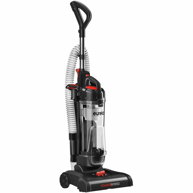 Clean hard-to-reach areas at floor level and above with this Eureka PowerSpeed Bagless Upright Vacuum Cleaner. The extended recline feature allows the unit to lie down flat to clean beneath furniture. The stretch hose extends up to 7ft with 4 attachments for optimal cleaning on various surfaces.  Features 5 speed settings for versatile use.  Suitable for cleaning bare floors and carpets.  Large dust cup promotes fast and efficient cleaning.  Foam filter is washable for simple maintenance.  Extended recline feature helps to clean under furniture.  Stretch hose extends up to 7ft to reach difficult areas.  Built-in handles allow transportation.  Includes a quick-release wand, a 7in crevice tool, an upholstery tool and a dusting brush.  Backed by the manufacturers 2-year limited warranty.