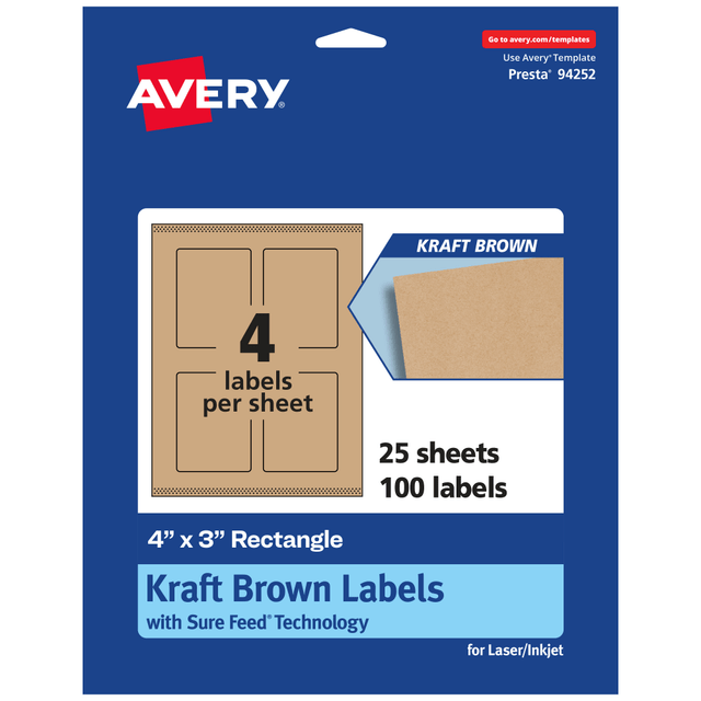 AVERY PRODUCTS CORPORATION 94252-KMP25 Avery Kraft Permanent Labels With Sure Feed, 94252-KMP25, Rectangle, 4in x 3in, Brown, Pack Of 100