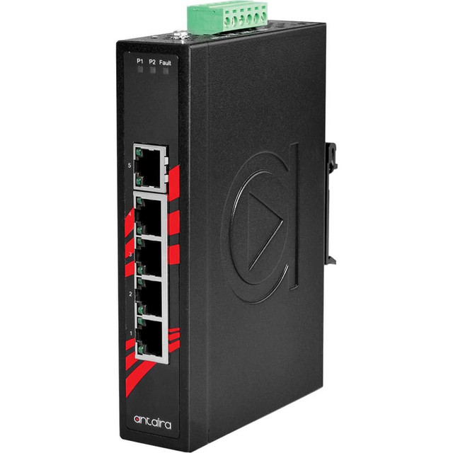 Antaira LNX-500A Data Port Receptacles; Receptacle Configuration: Ethernet; Number of Ports: 5; Number of Power Receptacles: 1; Number of Switches: 5; Mounting Type: DIN Rail Mount; Color: Black; Overall Depth (Decimal Inch): 3.7400; Overall Depth (m