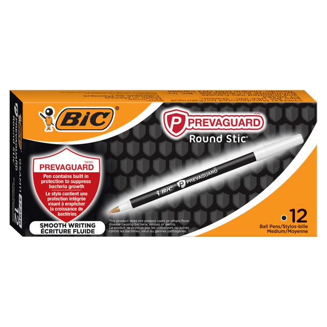 BIC CORP GSAM11-BLK BIC Prevaguard Round Stic Pens With Antimicrobial Additive, Medium Point, 1.0 mm, Black Barrel, Black Ink, Set Of 12 Pens