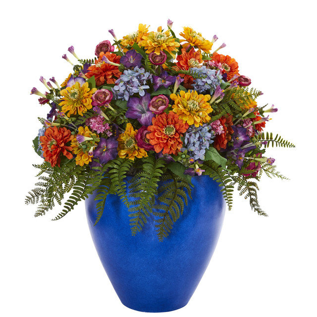 NEARLY NATURAL INC. 1553 Nearly Natural Mixed 24inH Artificial Giant Floral Arrangement With Blue Vase, 24inH x 22inW x 22inD, Multicolor