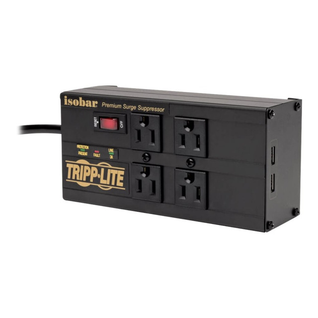 TRIPP LITE IBAR4ULTRAUSBB  Isobar 4-Outlet Surge Protector - 8 ft. Cord, Right-Angle Plug, 3330 Joules, 2 USB Ports, Metal Housing - Surge protector - 12 A - AC 120 V - 1440 Watt - output connectors: 6 - 8 ft cord - black