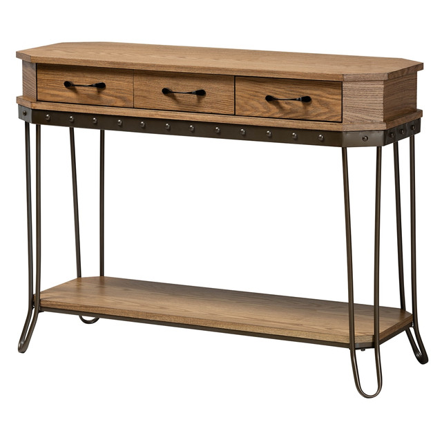 WHOLESALE INTERIORS, INC. 2721-11199 Baxton Studio Vintage Rustic Industrial 3-Drawer Console Table, 32inH x 42-15/16inW x 15-1/2inD, Oak Brown/Black WHOLESALE INTERIORS, INC. 2721-11199 Baxton Studio Vintage Rustic Industrial 3-Drawer Console Table, 32inH x 42-15/16inW x 15-1/2inD, Oak Brown/Black