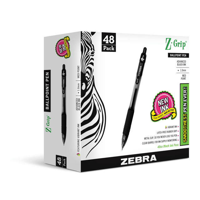 ZEBRA PEN CORP 22148 Zebra Pen Z-Grip Retractable Ballpoint Pens, Pack Of 48, Medium Point, 1.0 mm, Clear Barrel, Black Ink ZEBRA PEN CORP 22148 Zebra Pen Z-Grip Retractable Ballpoint Pens, Pack Of 48, Medium Point, 1.0 mm, Clear Barrel, Black Ink