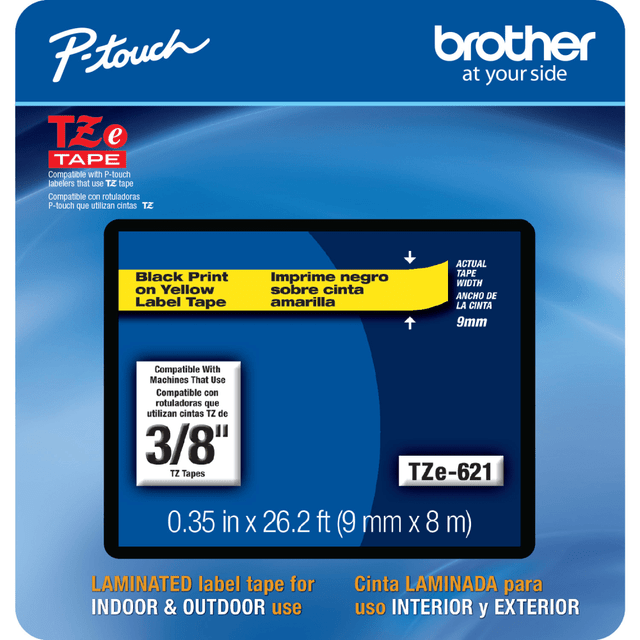 BROTHER INTL CORP TZE621CS Brother TZE621CS Genuine P-Touch Laminated Label Tape, 3/8in x 26-1/4ft, Yellow/Black