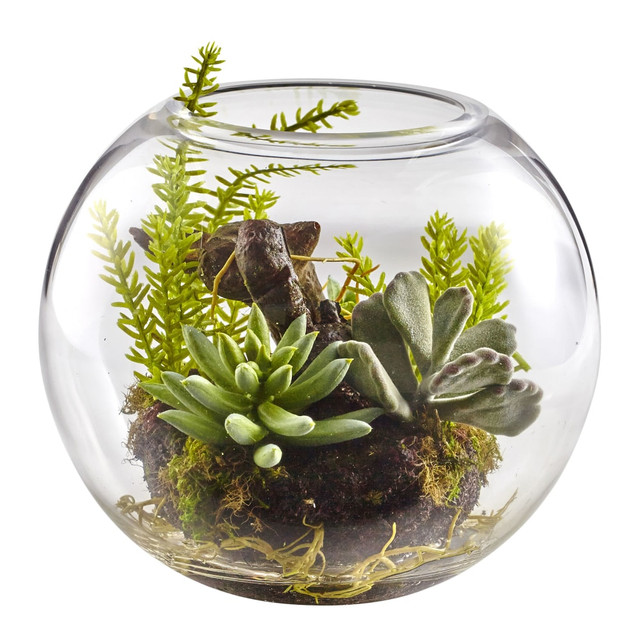 NEARLY NATURAL INC. 4564 Nearly Natural Mixed Succulents 6-1/2inH Plastic Garden With Glass Vase, 6-1/2inH x 8inW x 8inD, Green