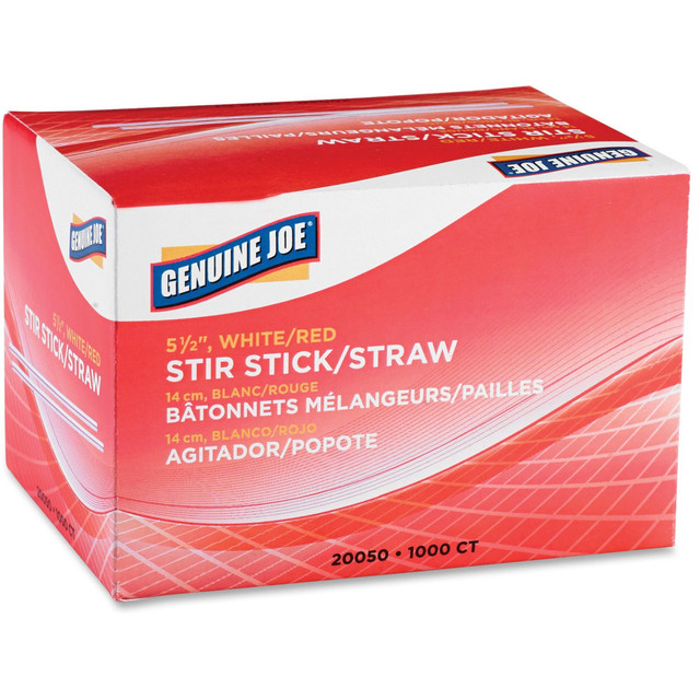 GENUINE JOE 20050  Plastic Stir Sticks, White/Red, Box Of 1,000 Stir Sticks