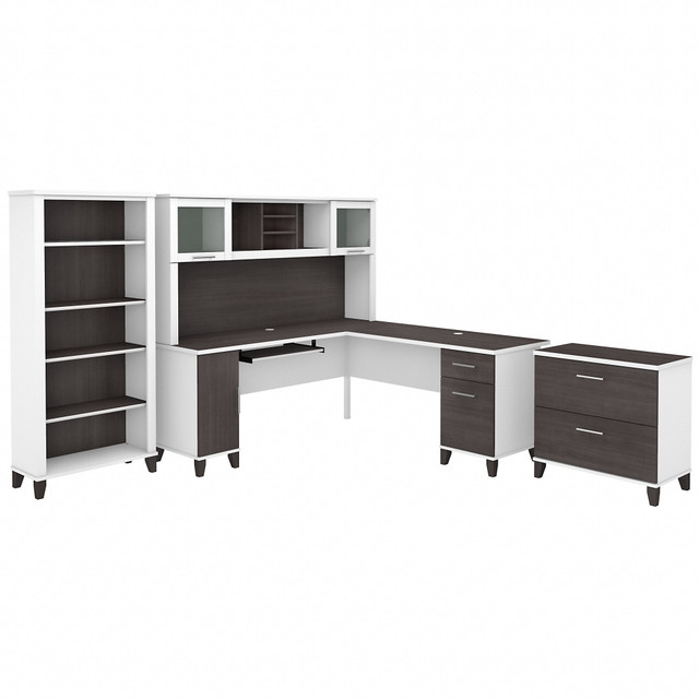 BUSH INDUSTRIES INC. SET012SGWH Bush Furniture Somerset 72inW L-Shaped Desk With Hutch, Lateral File Cabinet And Bookcase, Storm Gray/White, Standard Delivery