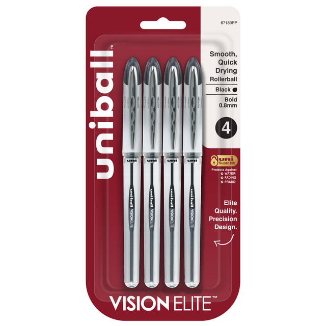NEWELL BRANDS INC. 67180 uni-ball Vision Elite Liquid Ink Rollerball Pens, Bold Point, 0.8 mm, White Barrel, Black Ink, Pack Of 4